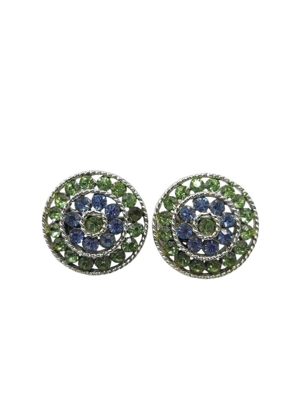 Vintage Lisner Green Blue Rhinestone Circular Clip-On Earrings Silver-Tone